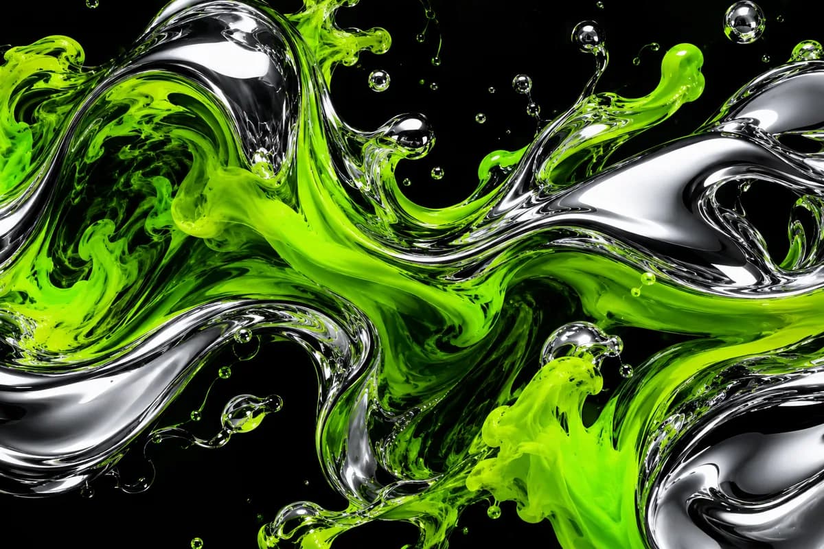 Liquid chrome and lime green ink swirling together, deep black background