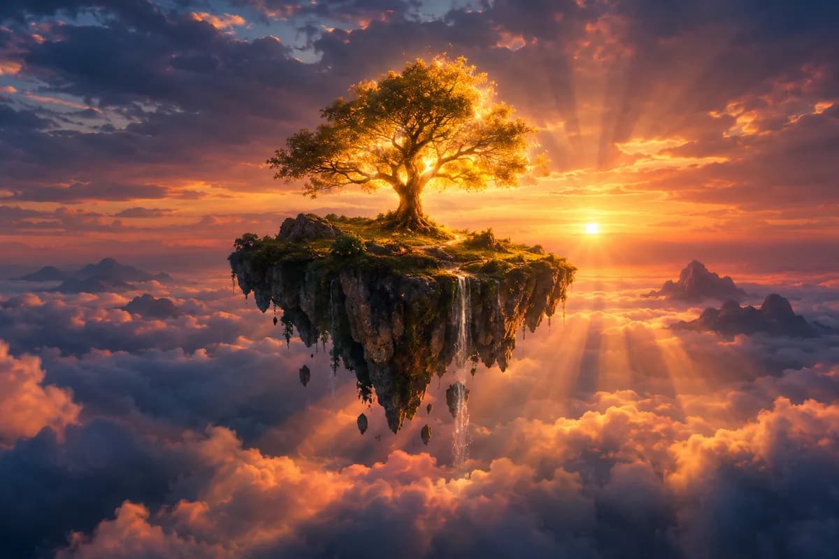 Floating island with a glowing tree above a sea of clouds at dusk