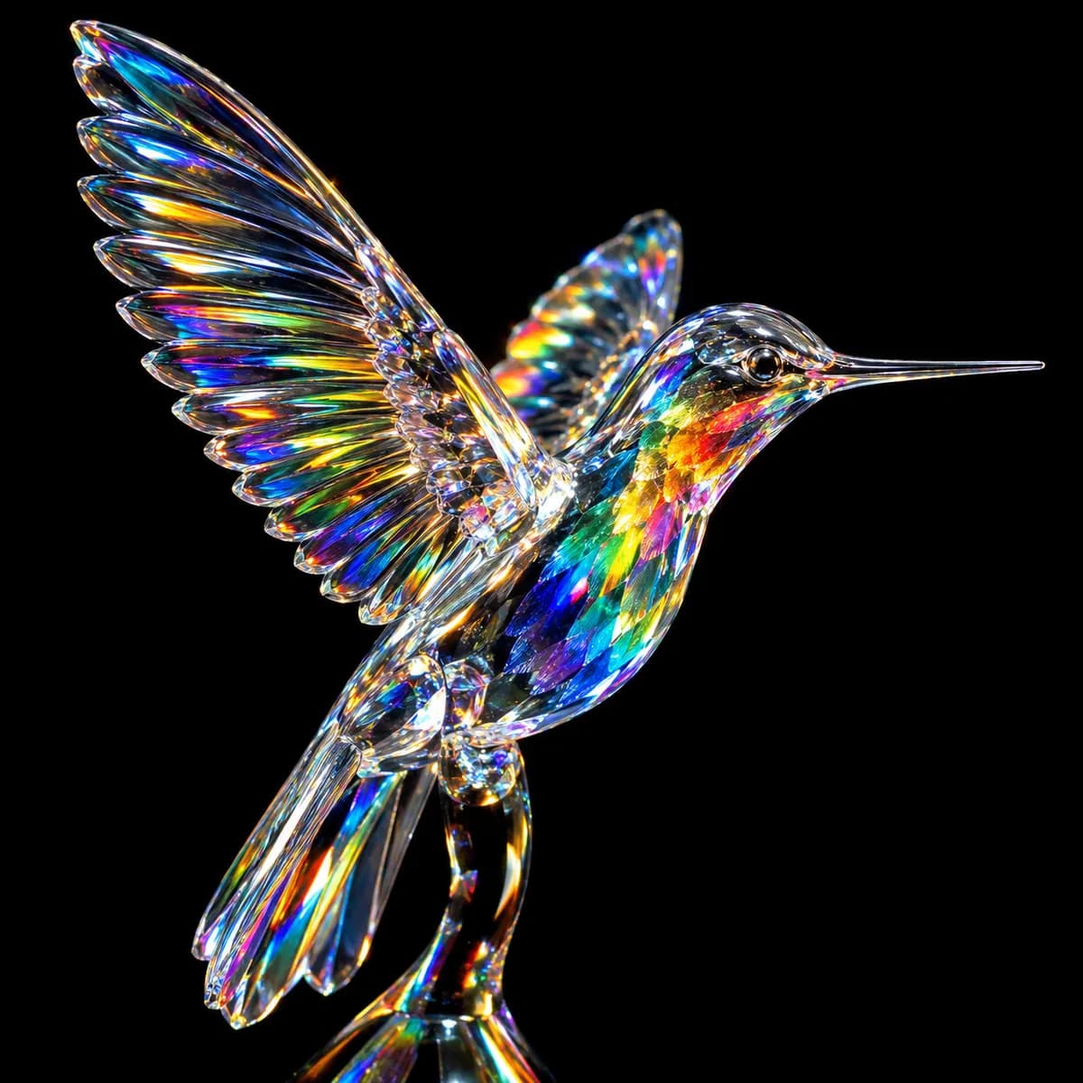 Glass hummingbird sculpture refracting rainbow light, black background