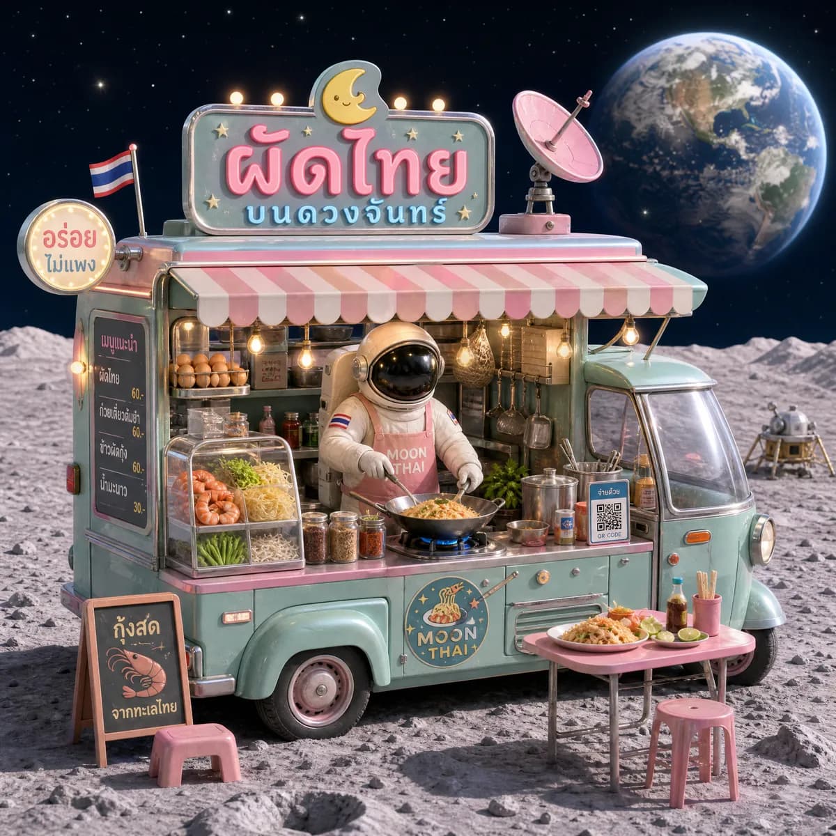 Retro-futuristic Thai street food cart on the moon, Earth rising behind it