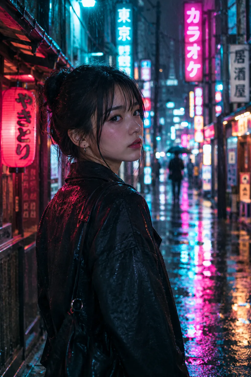 Cinematic portrait in a neon-lit rainy Tokyo alley, teal and magenta light, 35mm film look