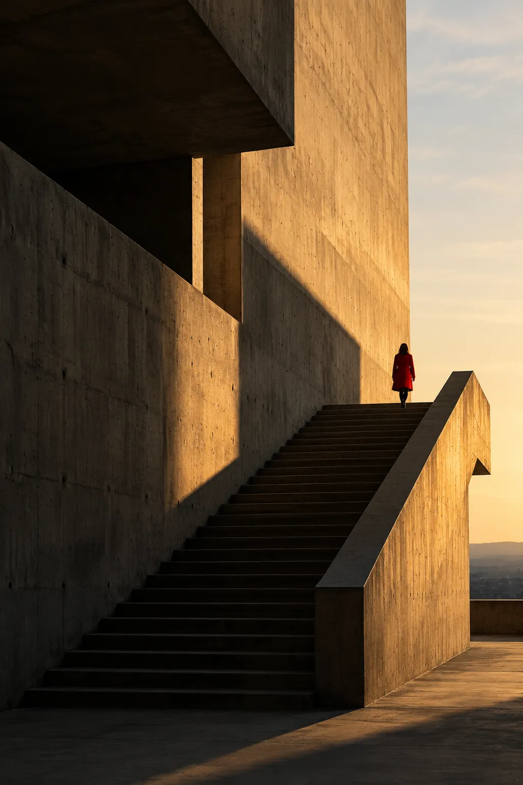 Brutalist concrete staircase, a single figure in a red coat, golden hour